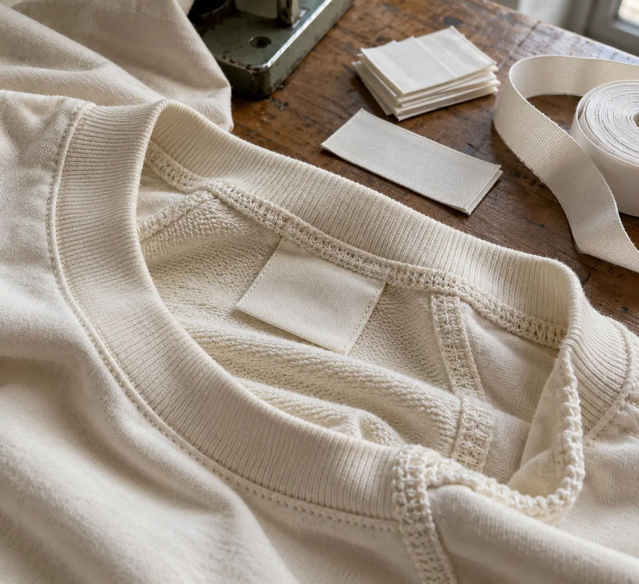 Premium cotton basics and unprinted label materials arranged on a sampling table