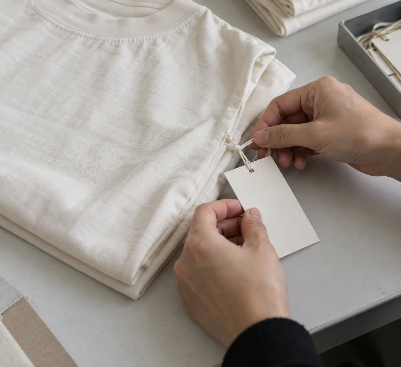 Hands testing a blank swing tag position on a folded cream T-shirt