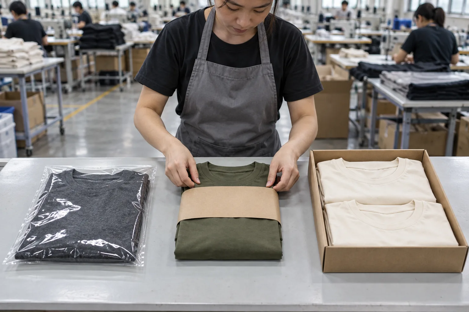Three neutral garment packaging prototypes compared beside folded premium basics