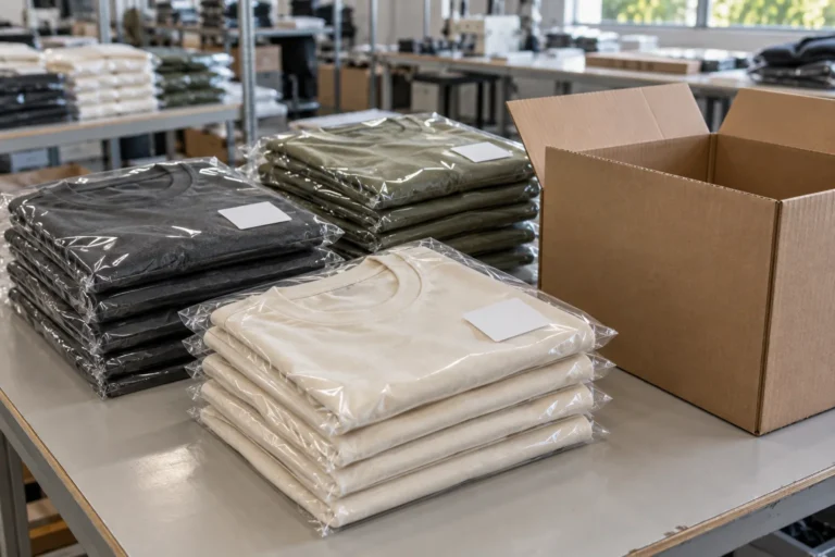 Photorealistic apparel factory documentary photograph of finished premium cotton T-shirts in cream, charcoal and muted o