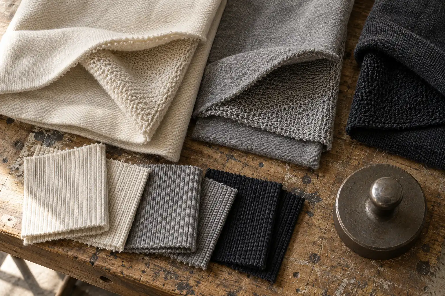Heavy jersey and loopback fabric swatches arranged for a preliminary supplier review