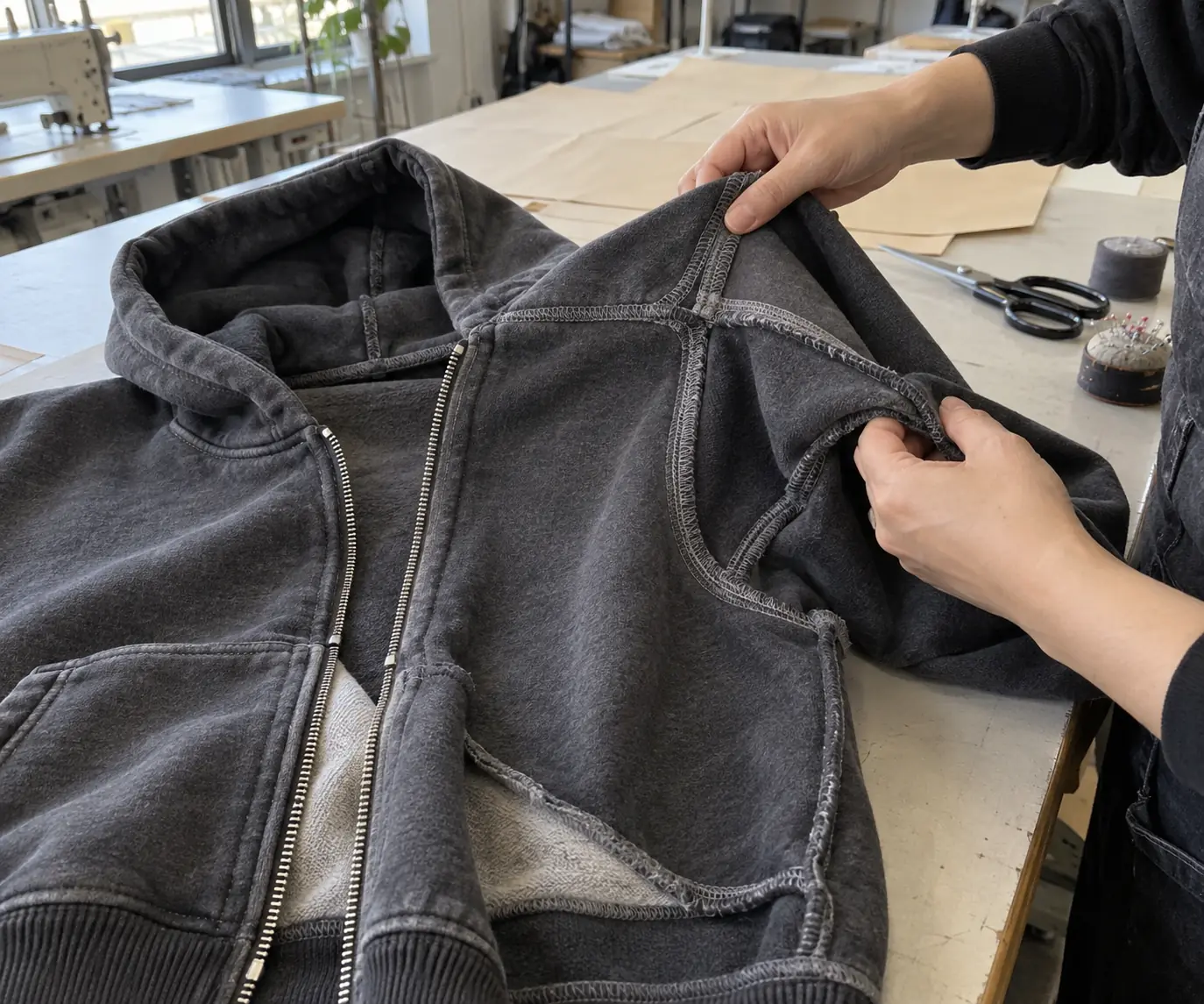 A garment technician examining the inside seams of a heavyweight hoodie on a sampling table