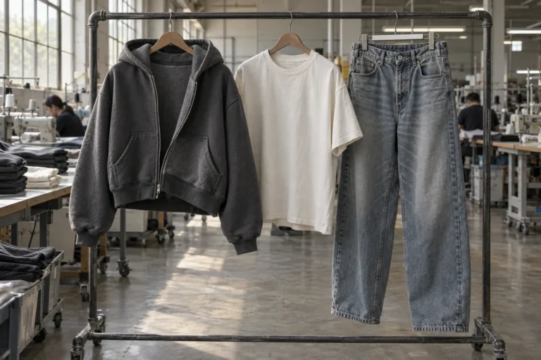 Photorealistic apparel factory documentary photograph of finished unbranded streetwear garments on a simple inspection r