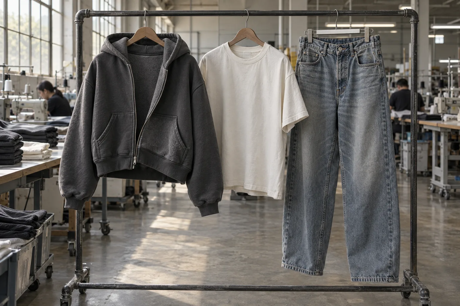 Photorealistic apparel factory documentary photograph of finished unbranded streetwear garments on a simple inspection r