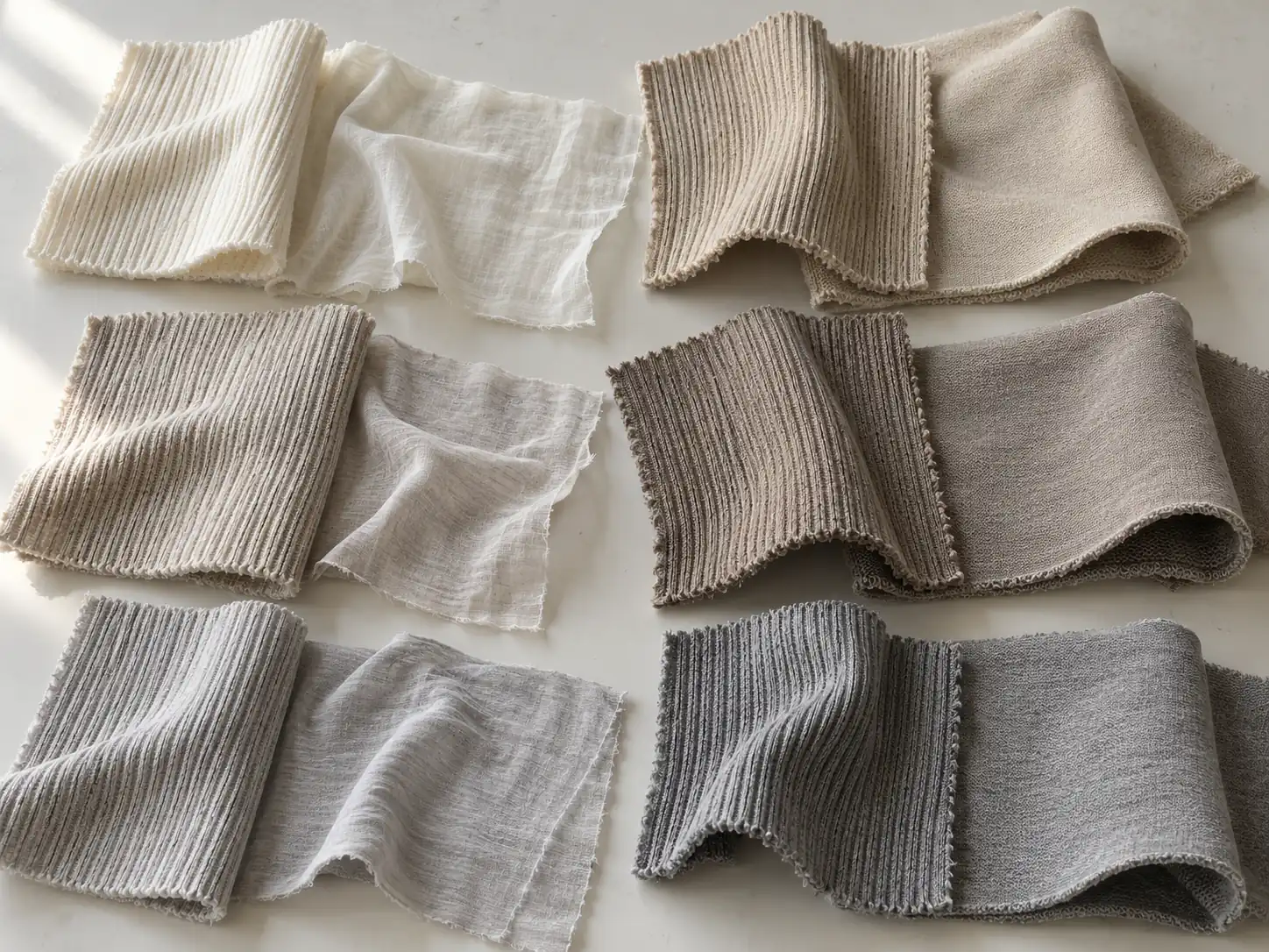Different rib knit swatches beside matching jersey body fabrics on a development table