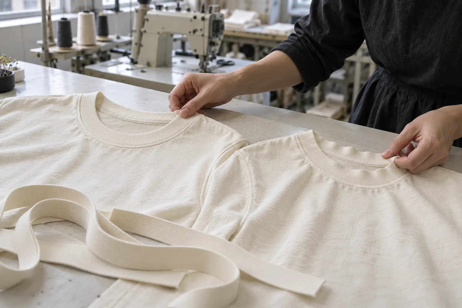 Technician comparing sewn crewneck samples and loose neckband strips at a sampling table