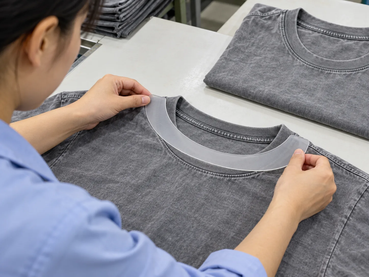 Quality technician measuring a washed T-shirt neck opening on a flat inspection surface