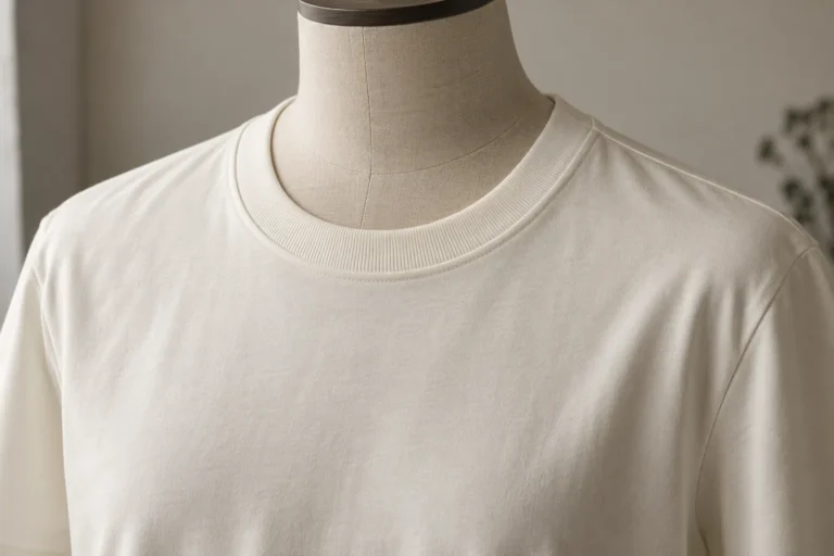 Photorealistic apparel documentary photograph of a finished premium ivory crewneck T-shirt on a neutral torso mannequin,