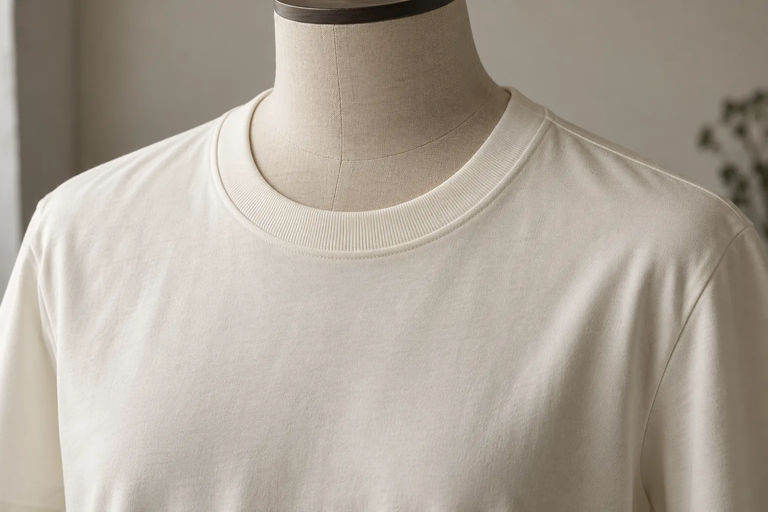 Photorealistic apparel documentary photograph of a finished premium ivory crewneck T-shirt on a neutral torso mannequin,