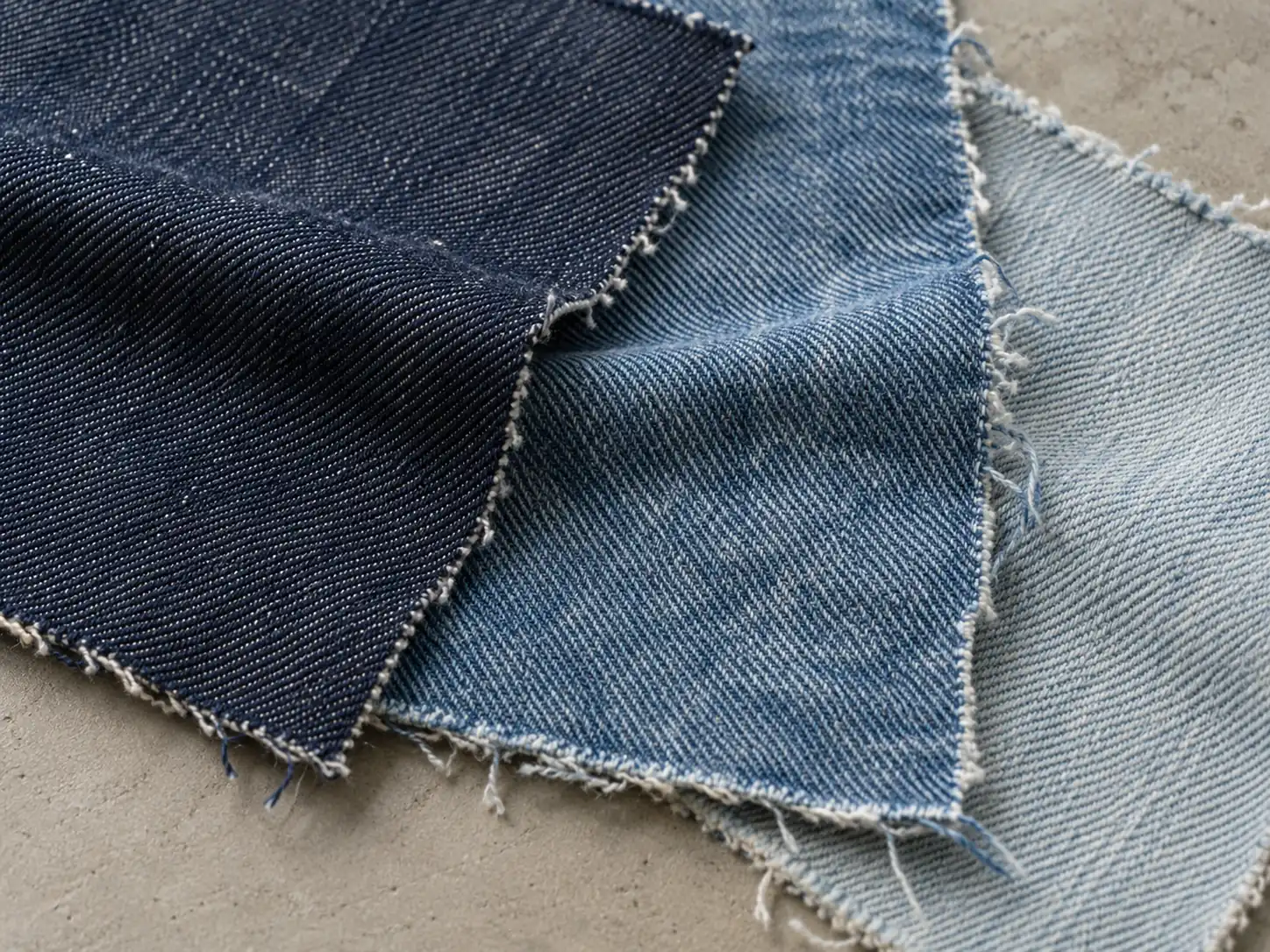 Denim swatches showing different indigo tones and weave textures under neutral light
