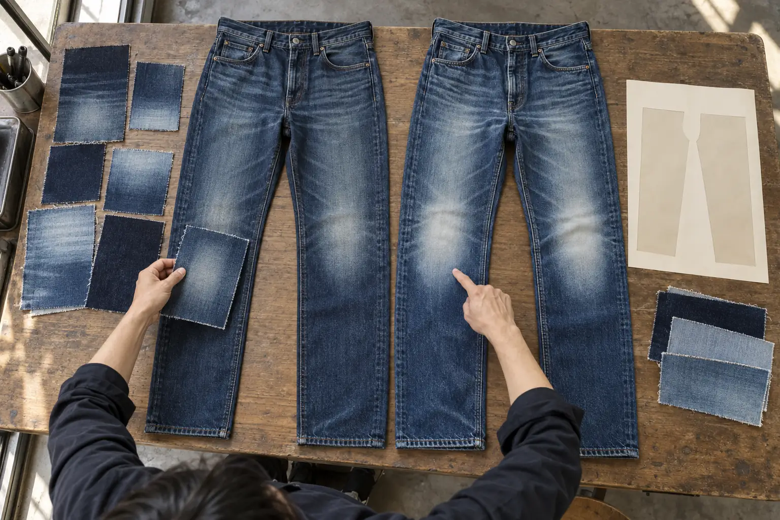 Denim sample garments and wash reference swatches arranged on a development table