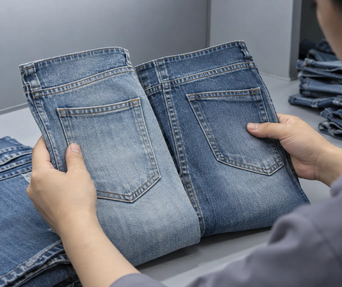 Inspector comparing washed denim panels and seam highlights in a light cabinet