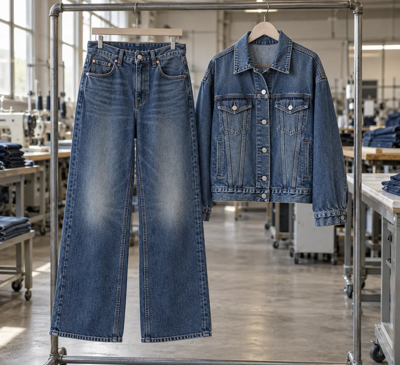 Photorealistic documentary photograph of finished wide-leg streetwear denim jeans and a matching denim jacket hanging on