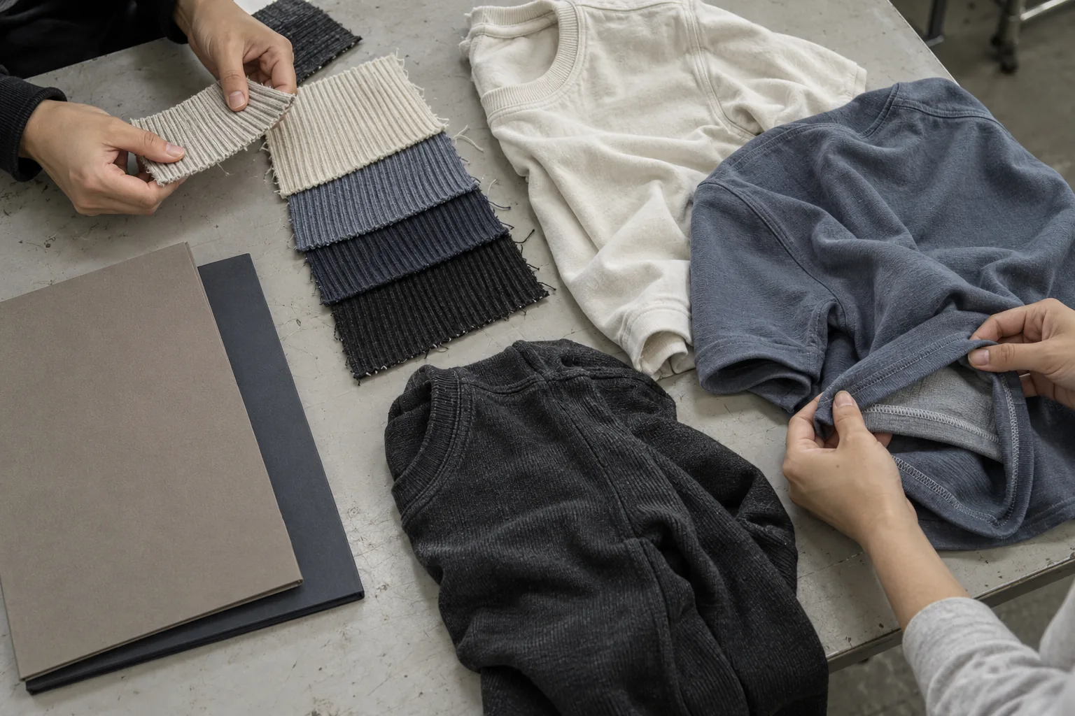 Apparel development samples and fabric swatches arranged for a sourcing review