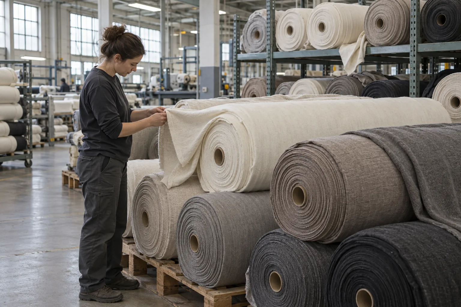 Fabric rolls and exposed selvedges in a textile receiving area