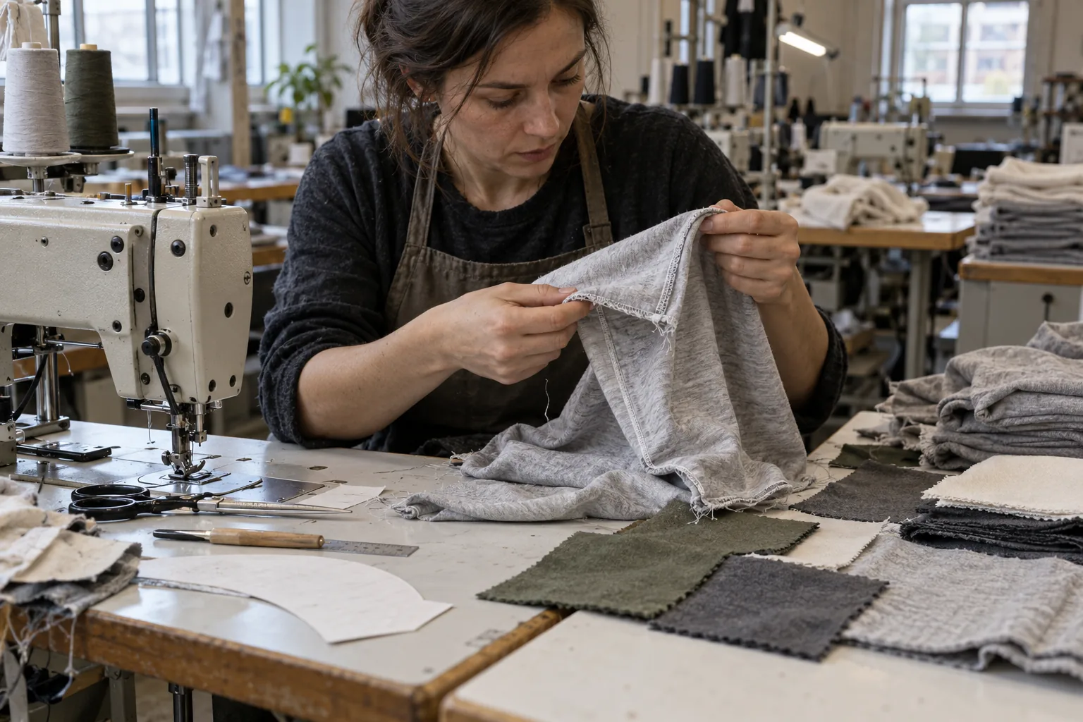 Sample maker comparing a jersey garment with fabric swatches at a cutting table