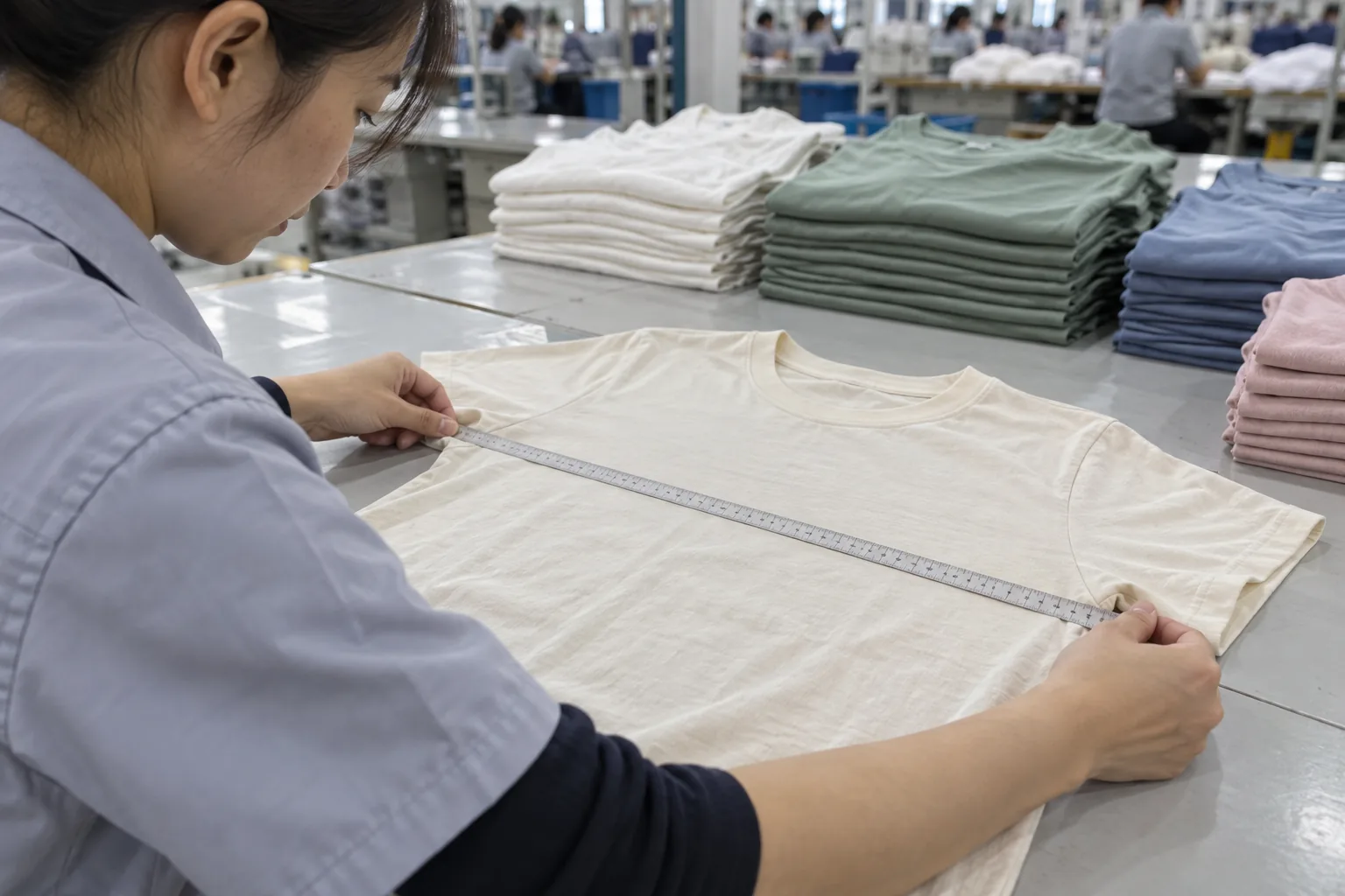 Inspector measuring a finished garment beside grouped production pieces