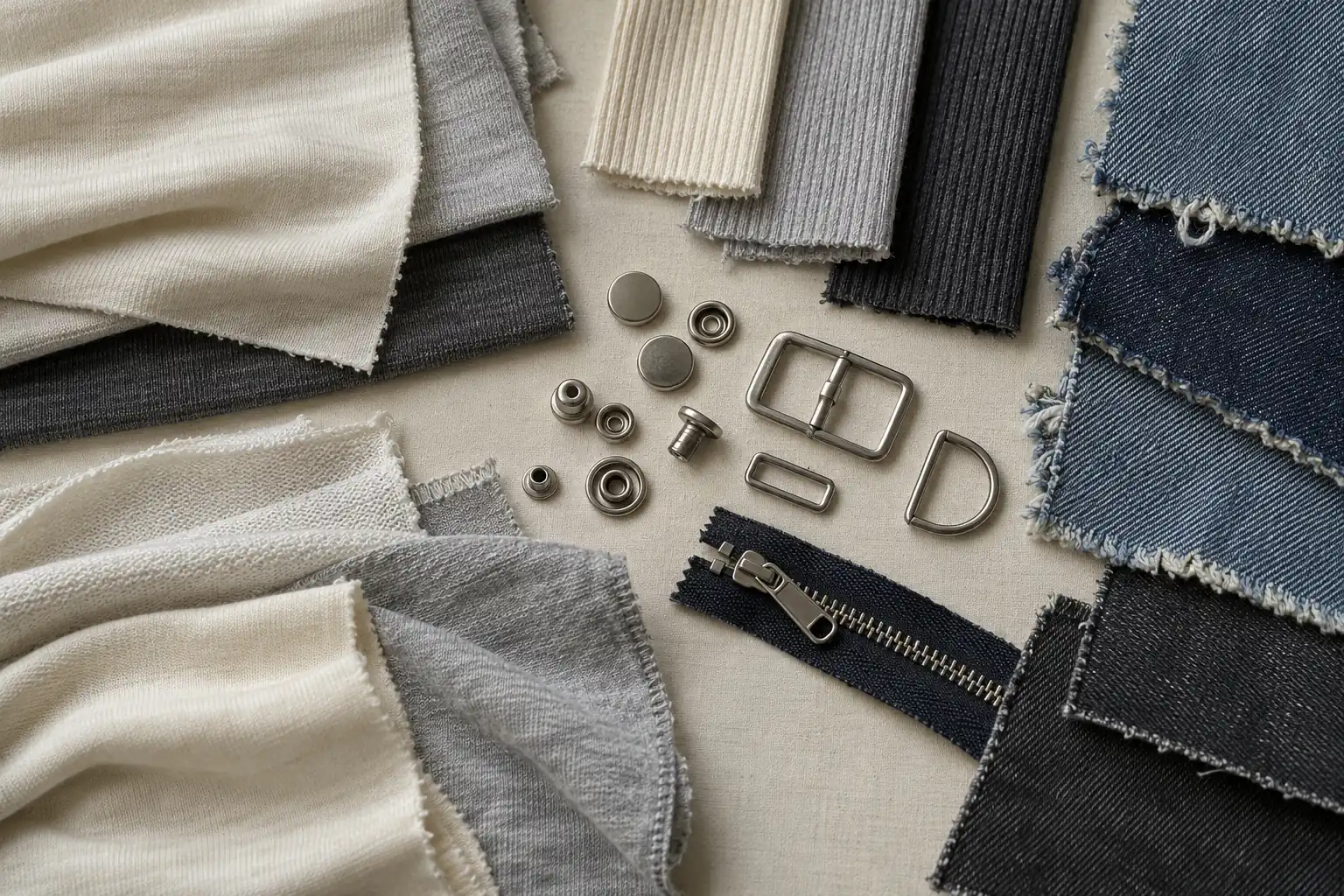 Fabric swatches and garment components arranged for a sourcing review
