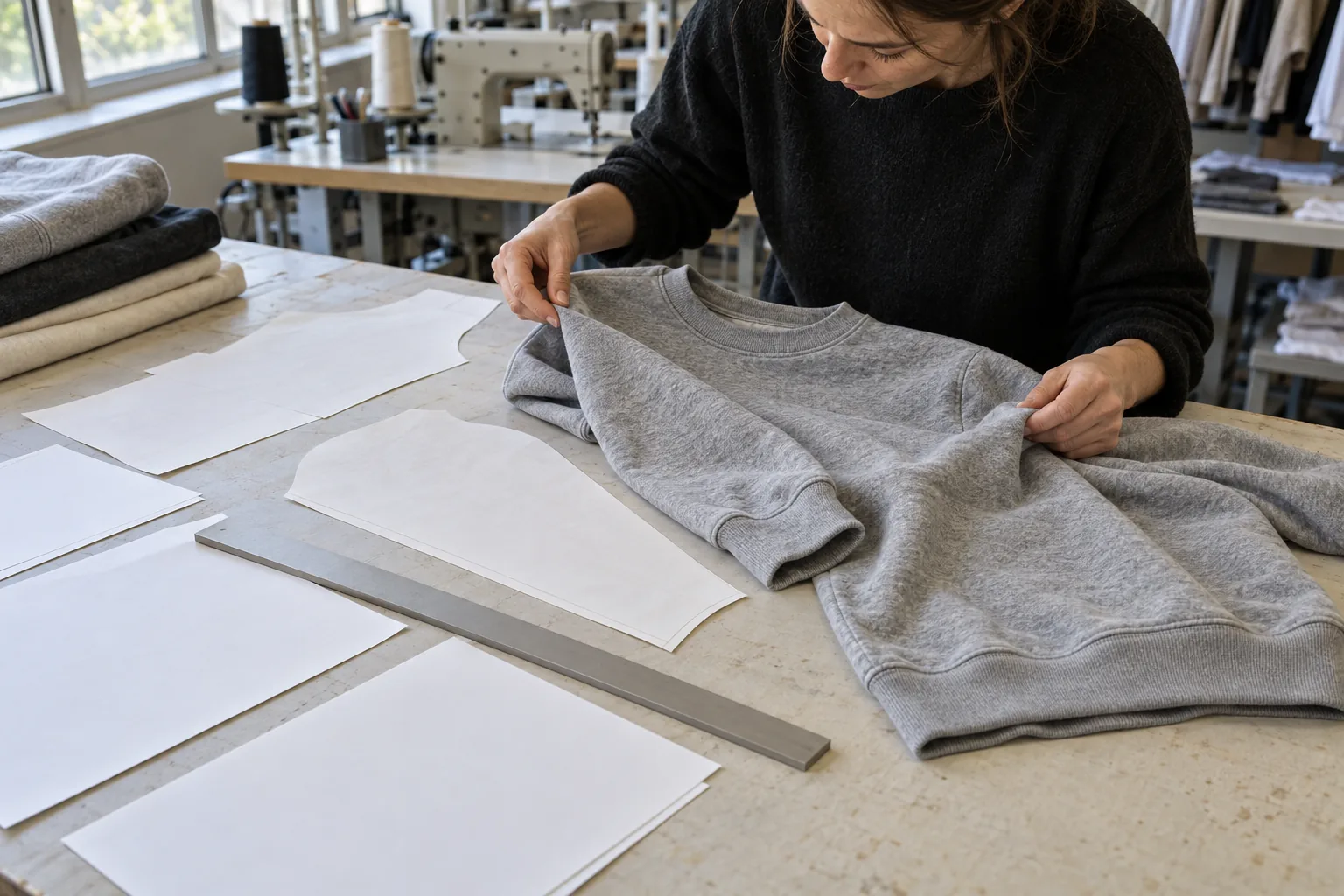Buyer reviewing an apparel sample and production documents at a sampling table