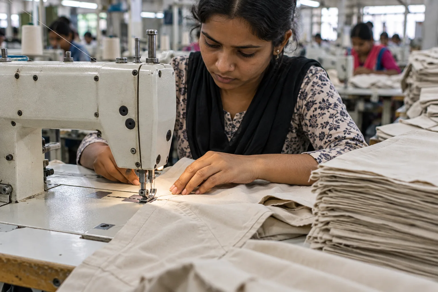 Garment panels moving through a sewing workstation with components organized nearby