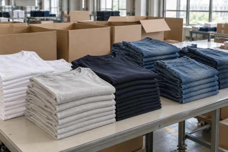 Photorealistic documentary photograph of finished unbranded heavyweight T-shirts and washed denim jeans neatly folded on