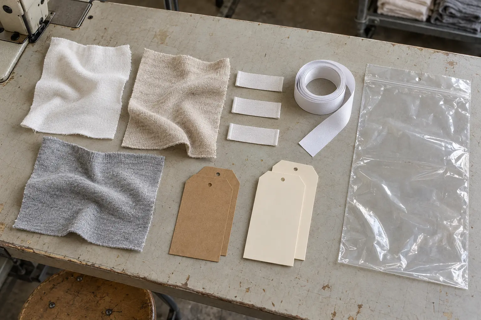 Blank label components and garment packaging arranged beside a production sample