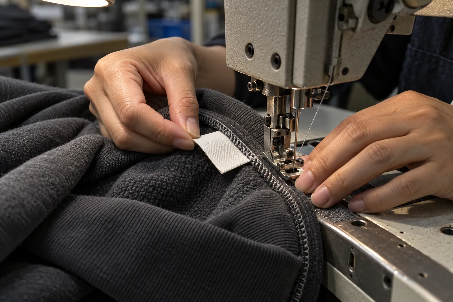 Sewing operator positioning an unprinted label in a sweatshirt seam