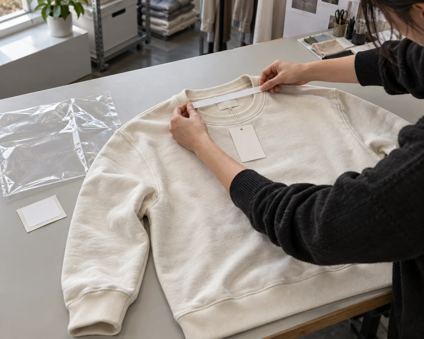 Sample garment with blank hangtag and packaging components on an inspection table