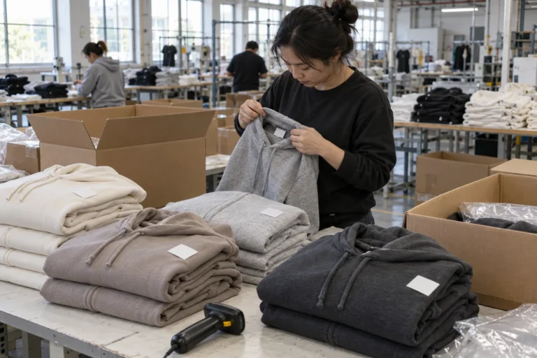 Photorealistic apparel factory documentary photograph of finished neutral hoodies folded beside open corrugated shipping
