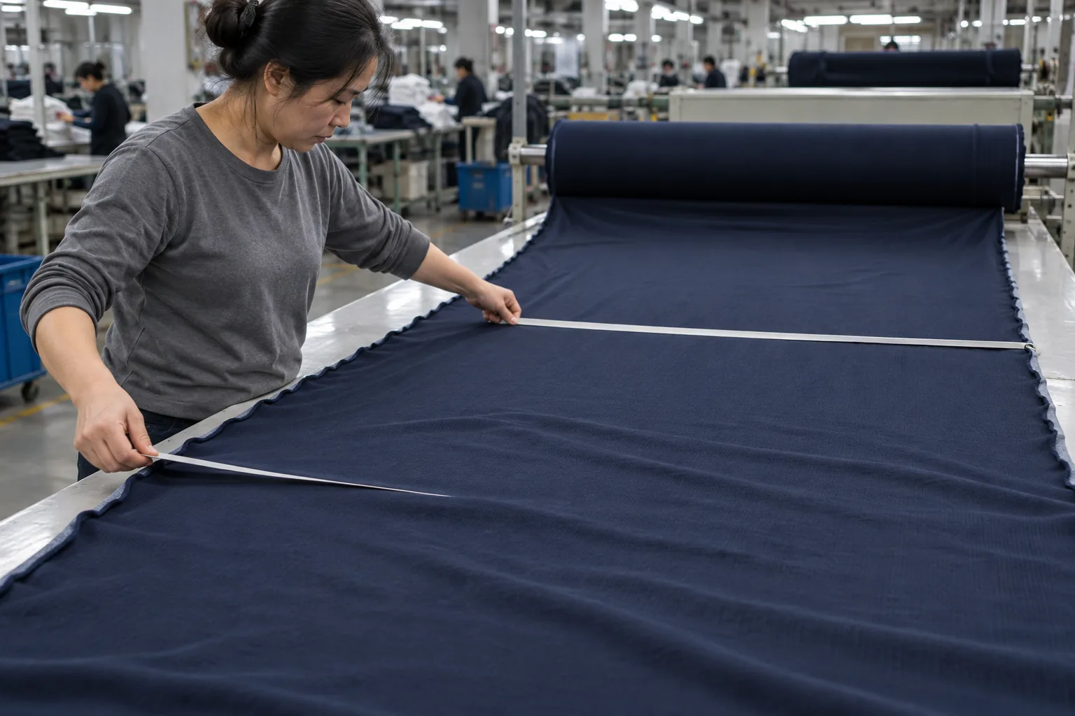 Technician measuring usable width of stretch fabric on an inspection table