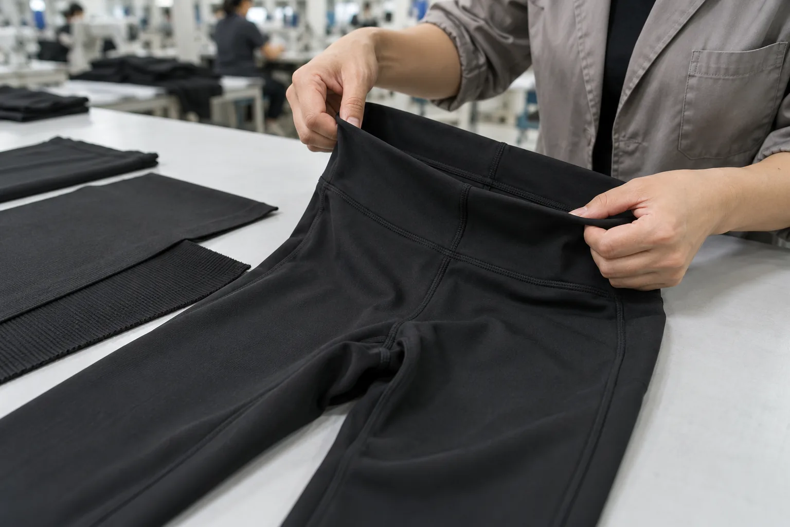 Quality technician checking stretch fabric panels and sewn legging seams