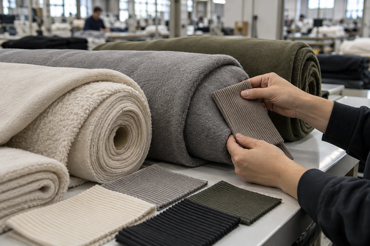 Fabric rolls and matching swatches being checked before bulk cutting
