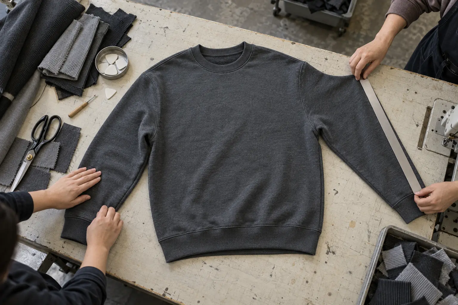 Sample sweatshirt laid out with rib swatches and measuring tools