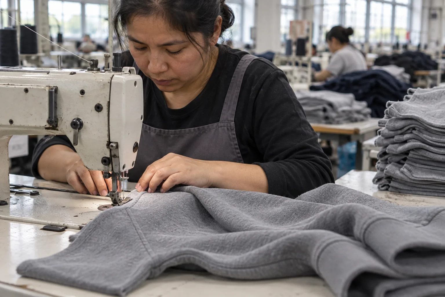 Garment panels moving through a sewing workstation