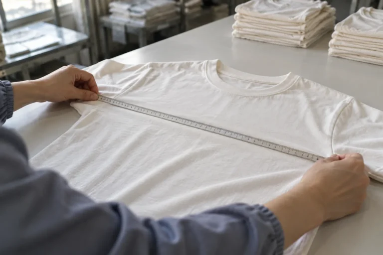 Photorealistic apparel workshop documentary photograph, quality inspector measuring the chest width of a finished plain