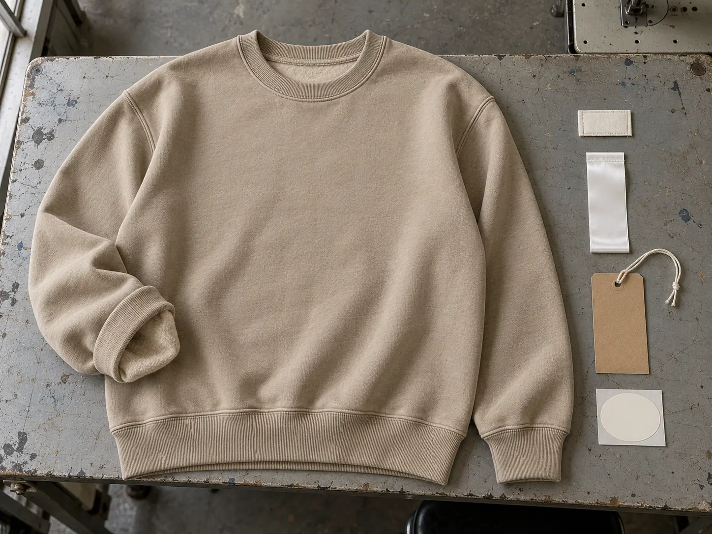 Folded sweatshirt with separate blank label components and packaging samples on a worktable