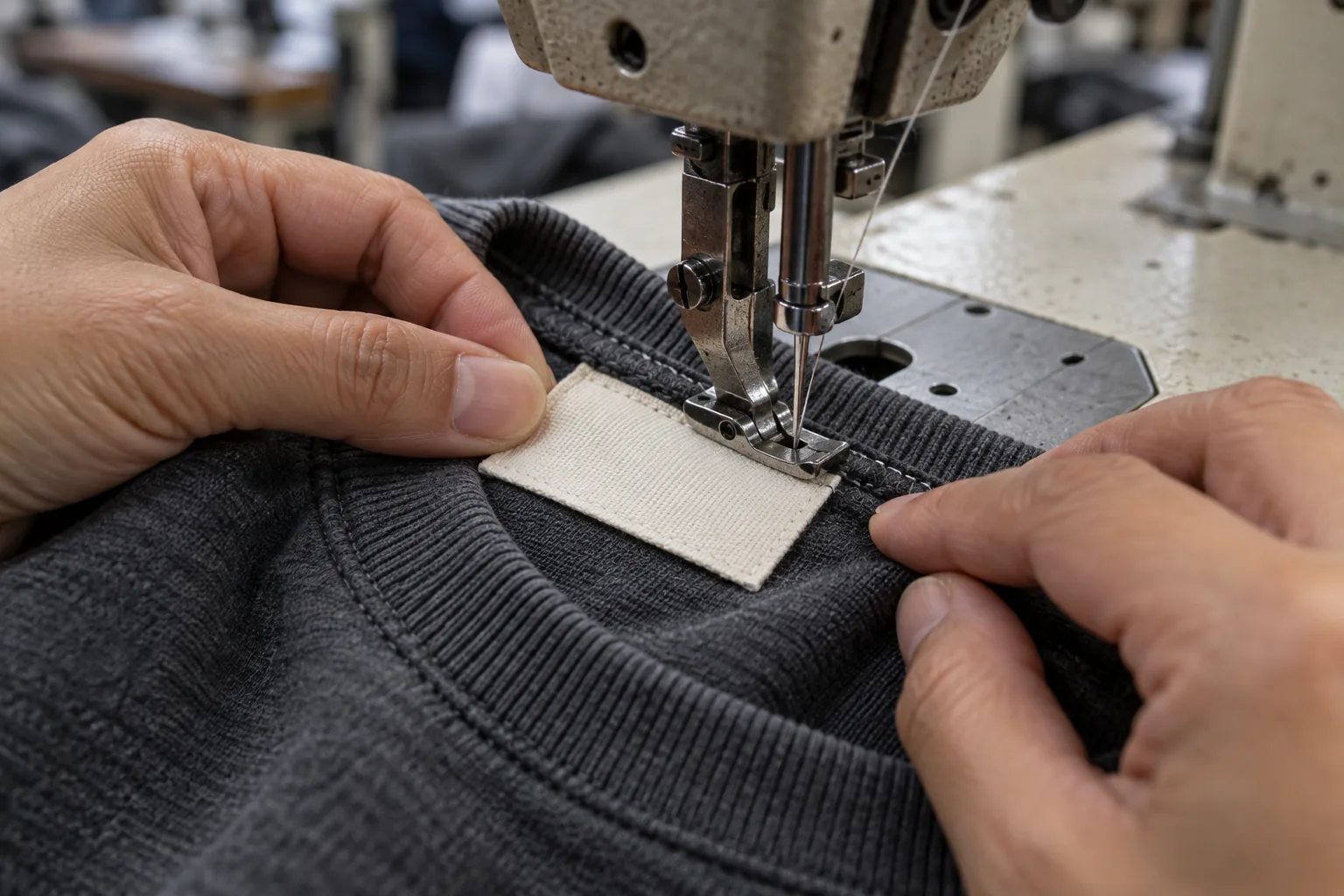 Operator positioning a blank woven label at a garment seam during sewing