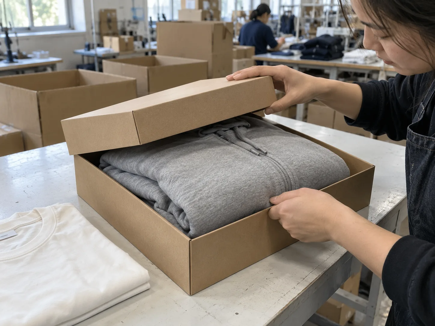 Plain cartons and an unbranded presentation box beside folded apparel at a sampling table