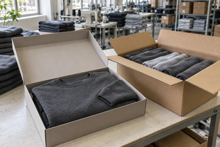Photorealistic apparel factory documentary photograph of a finished charcoal sweatshirt folded inside an open unbranded