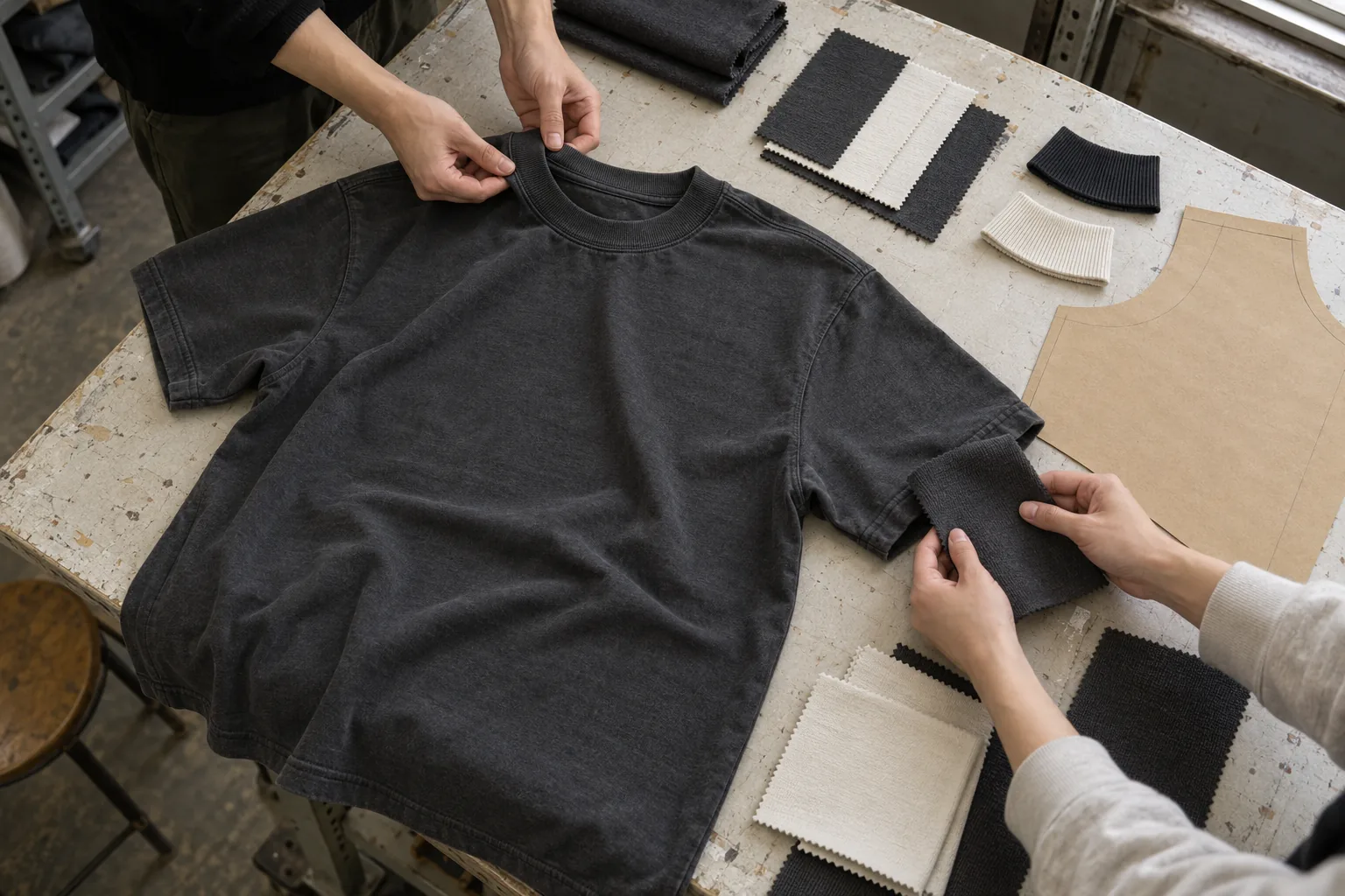 Garment samples and color swatches arranged for an assortment review