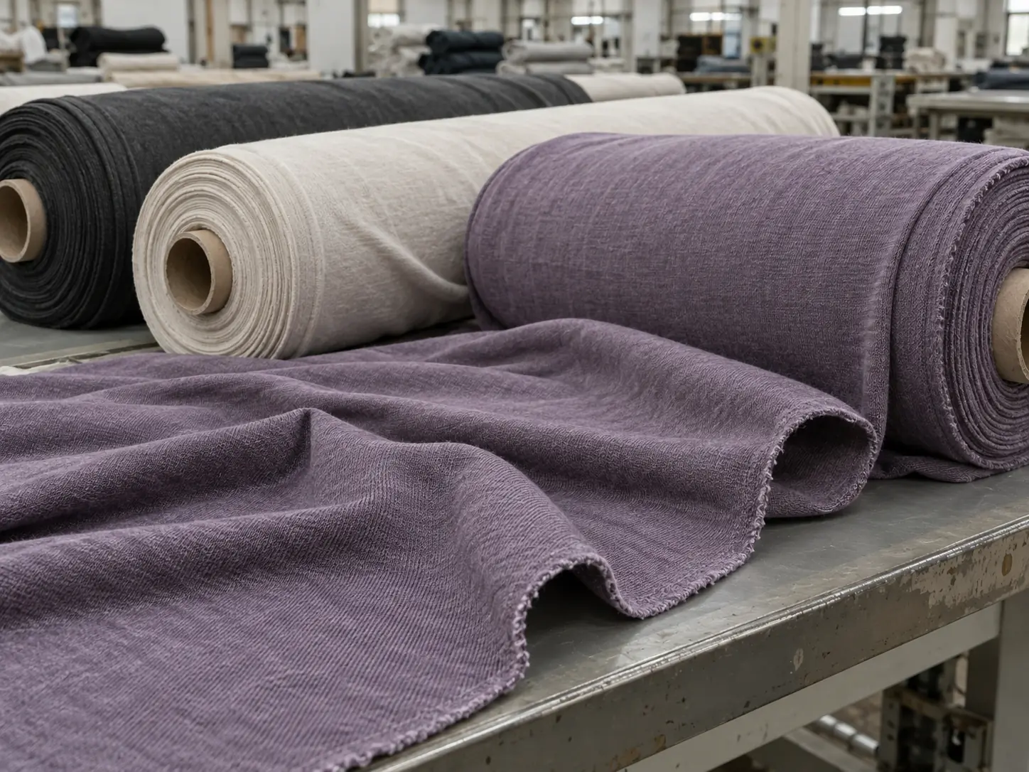 Different shades of jersey fabric rolls in a material inspection area