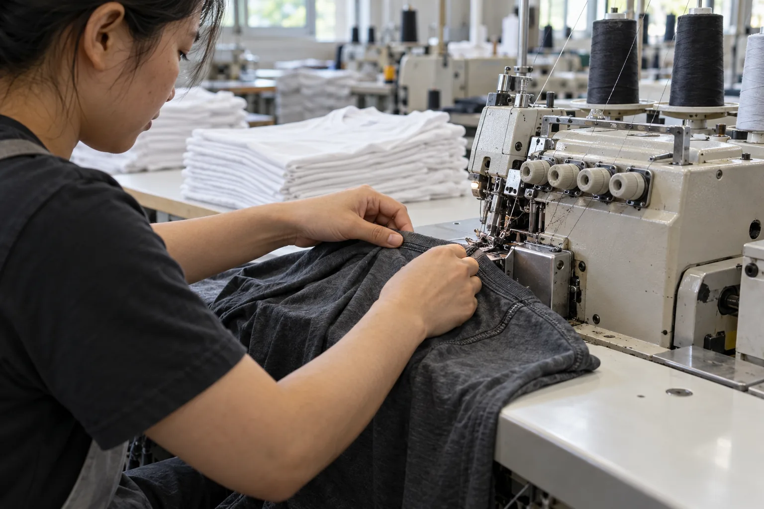 Plain tees grouped by color on a garment review table
