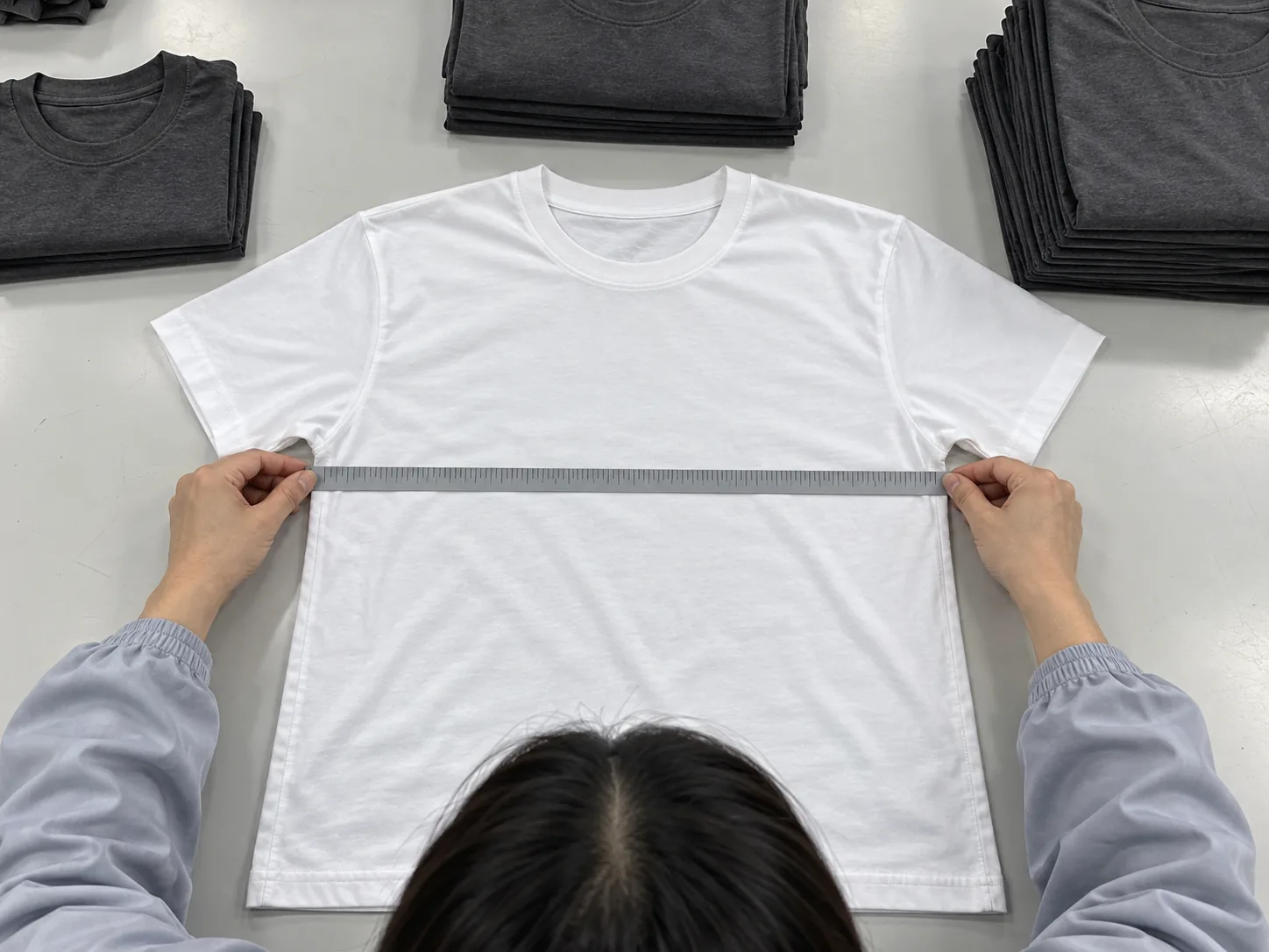 Quality inspector measuring stacked garment sizes on a checking table