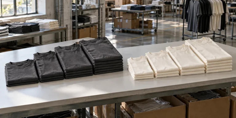 Photorealistic apparel factory documentary photograph of finished heavyweight jersey tees arranged in two distinct charc