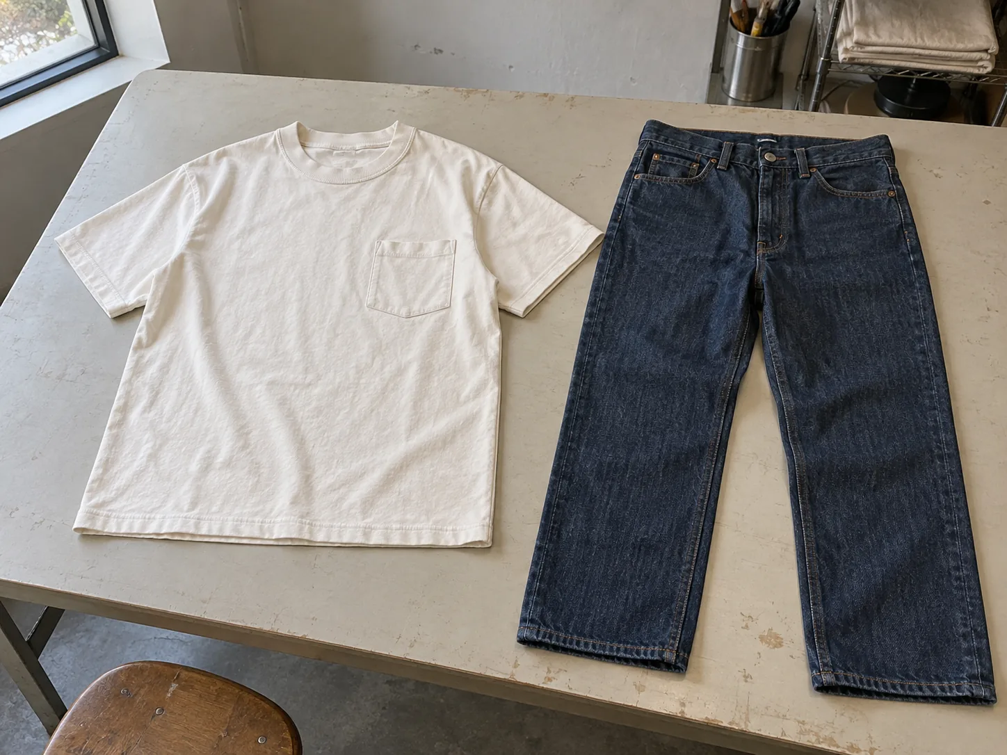 Garment samples arranged on a development table with construction details visible