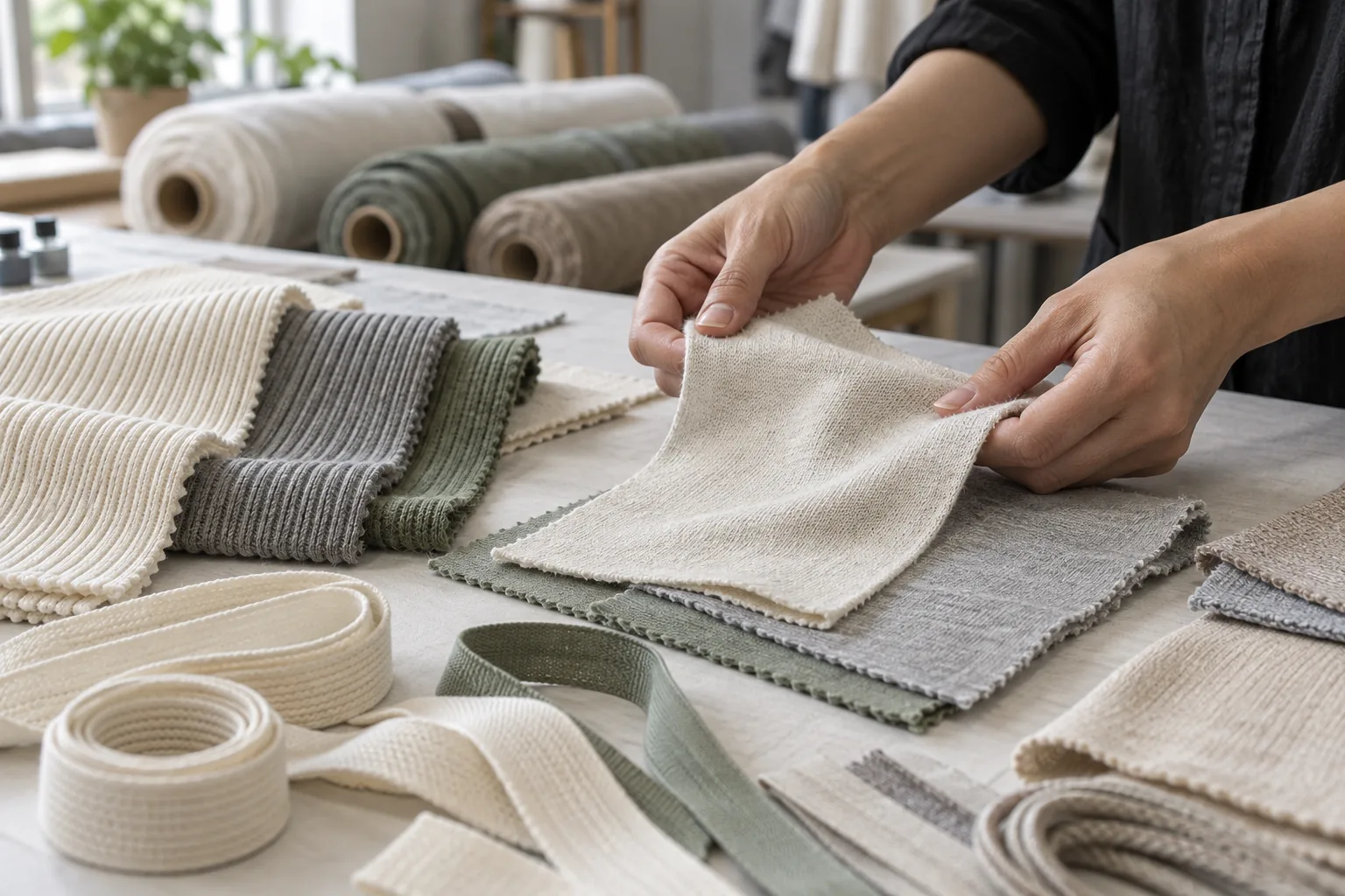 Fabric swatches and matching trim options being compared at a sourcing table