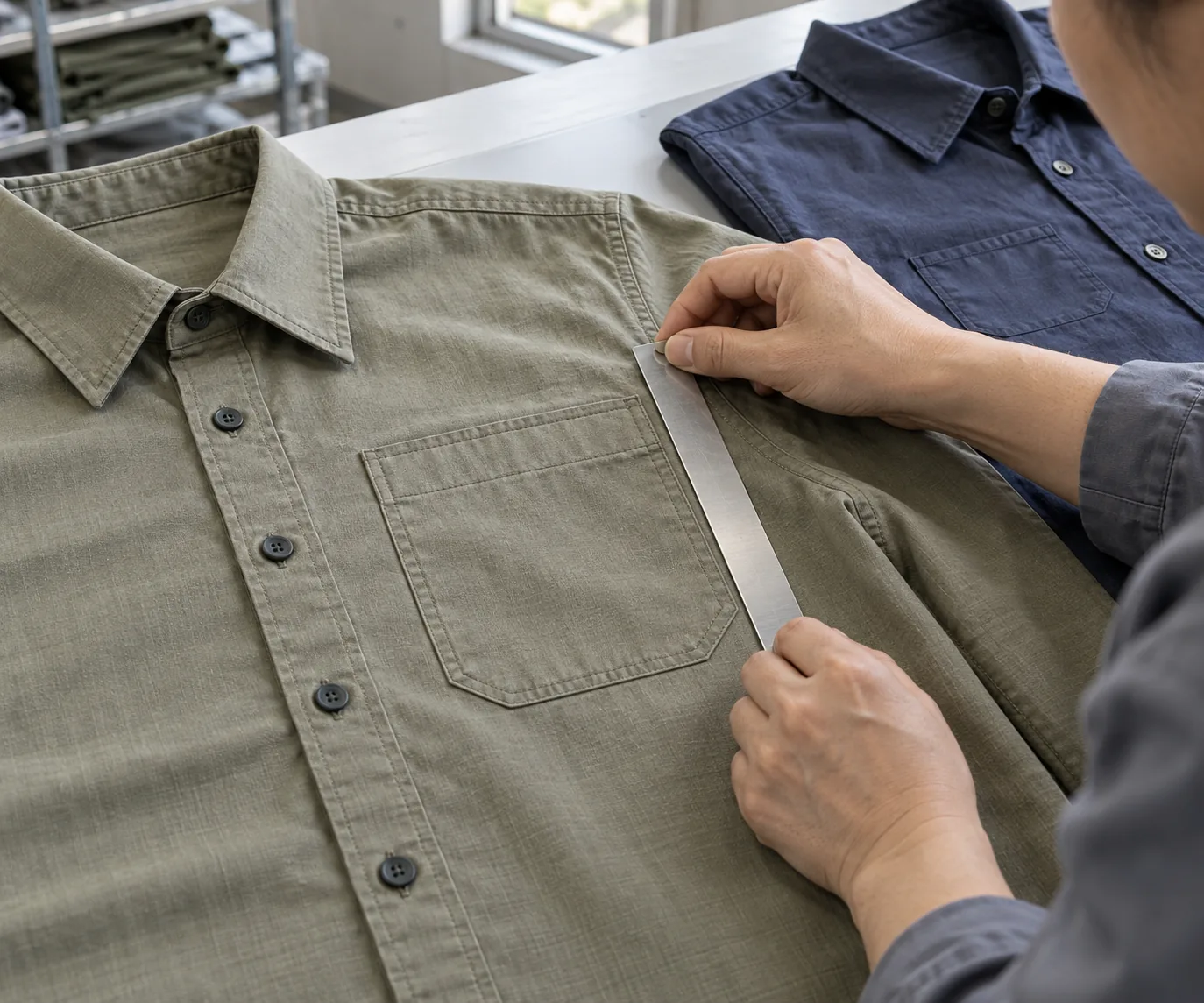 Inspector measuring a garment seam beside a finished sample