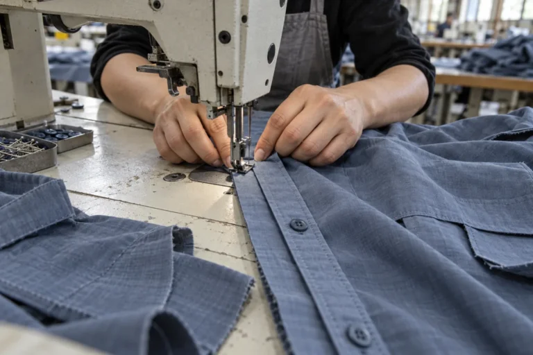 Photorealistic apparel factory documentary photograph of a sewing operator assembling the concealed placket of a plain w