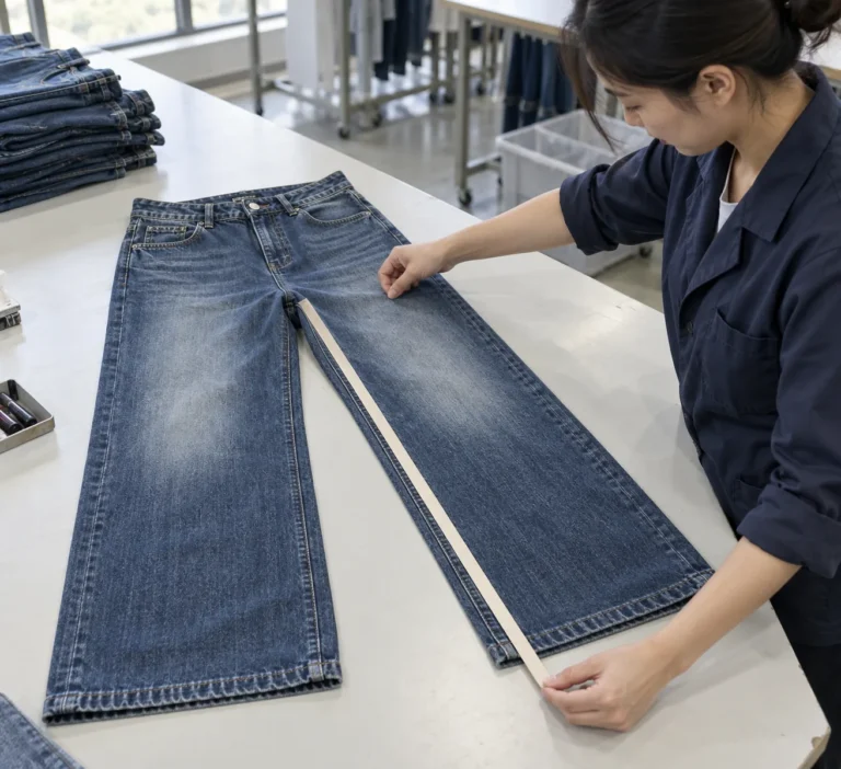 Photorealistic documentary photograph of a denim quality inspector measuring the inseam of finished washed wide-leg jean