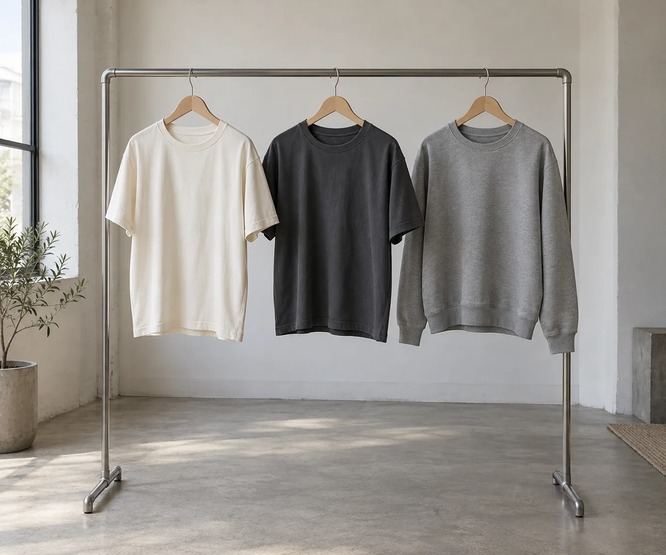 Small coordinated collection of unbranded garments arranged on a studio rail